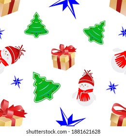 Seamless Christmas pattern with snowman, Christmas tree, gifts, star. Vector illustration for printing on textiles, wrapping paper. Vector illustration on isolated white background.