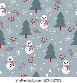 Patrón navideño sin foco con muñeco de nieve, árbol de Navidad, hojas de pino, bayas, copos de nieve y nieve sobre un fondo verde.  antecedentes de navidad