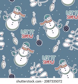 Seamless Christmas pattern with snowman, Christmas tree, Christmas tree toys and snow. Let it snow. Christmas background, banner. Hand drawn.