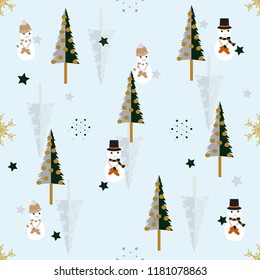 Seamless Christmas pattern with snowman and Christmas trees vector illustration for design
