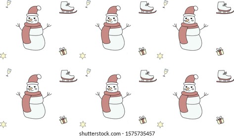 seamless Christmas pattern with snowman wearing hat and scarf