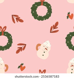 Seamless Christmas pattern with snowman and christmas wreath