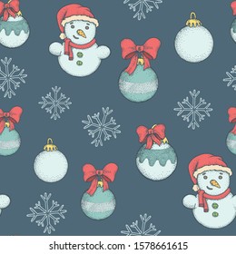 Seamless Christmas pattern with snowmen, balls and snowflakes