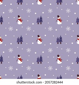 Seamless Christmas pattern with snowmen, fir and snowflakes on purple background. Bright print for New Year and winter holiday, wrapping paper, textiles and design.
