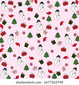 Padrão de Natal perfeito com bonecos de neve. Plano de fundo de vetor plano para convites, embrulho de presente.