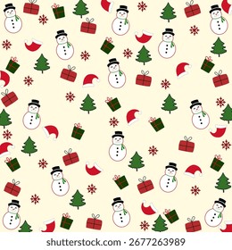 Seamless Christmas pattern with snowmen. Flat vector background for invitation cards, gift wrapping.