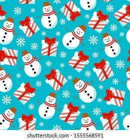 Seamless Christmas pattern. Snowmen, gift boxes and snowflakes on blue background. Happy New Year and Merry Xmas endless present template. Winter holidays wrapping design. Vector illustration.