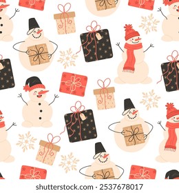 Seamless Christmas pattern of snowmen and gift boxes
