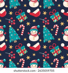 Padrão de Natal perfeito com bonecos de neve, caixas de presente, chapéus de Papai Noel, árvores, bengalas e estrelas. Design festivo brilhante no fundo escuro, ótimo para papel de embrulho e decoração de férias.