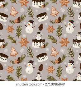 Padrão de Natal perfeito com bonecos de neve, biscoitos de gengibre e elementos de inverno