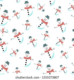 Seamless Christmas pattern. Snowmen on white background. Happy New Year and Merry Xmas endless gift template. Winter holidays wrapping design. Vector illustration. 