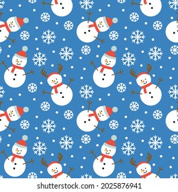 Nahtlose Weihnachtsmuster mit Schneemännern auf blauem Hintergrund. Vektorwinterillustrationen.