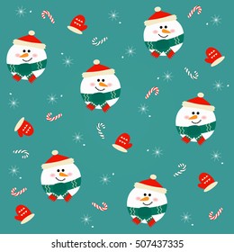 Seamless Christmas pattern with snowmen on a green background.