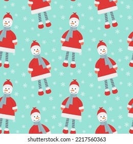 Seamless Christmas pattern with snowmen. Print for New Year and winter holiday, wrapping paper, textiles and designs.