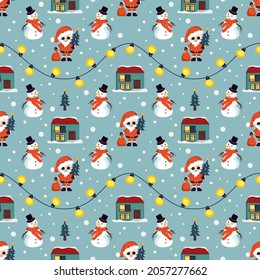 Seamless Christmas pattern with snowmen, Santa Claus, house, snowflakes and garland. Bright print for New Year and winter holiday, wrapping paper, textiles and designs.