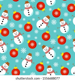 Seamless Christmas pattern. Snowmen, snowflakes and Xmas decorations on blue background. Happy New Year and Merry Xmas endless gift template. Winter holidays wrapping design. Vector illustration. 