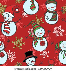 Seamless Christmas pattern with snowmen and snowflakes. EPS 8. Winter background. Cute cartoon snowmen in vector on red background.