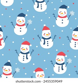 Seamless Christmas pattern with snowmen and snowflakes. Snowmen have fun in winter holidays. Vector illustration for Christmas greeting card.