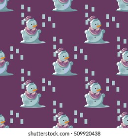 Seamless Christmas pattern with snowmen and snow-flakes.  Winter background. Cute cartoon snowmen in vector on red background.