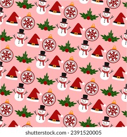 Seamless Christmas pattern with snowmen and tree decorations suitable for holiday-themed wrapping paper, festive greeting cards, and joyful textile designs. Perfect for spreading Christmas cheer in yo