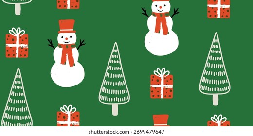 Padrão de Natal perfeito com bonecos de neve, árvores e caixas de presente