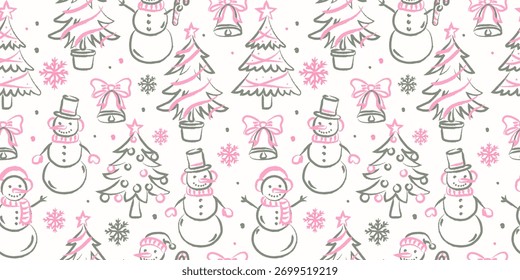 Padrão de Natal perfeito com bonecos de neve, árvores de Natal, sinos e arcos desenhados à mão com giz e pastel em estilo bonito coquette. Ilustração de vetor de férias de inverno para papel de embrulho, tecido
