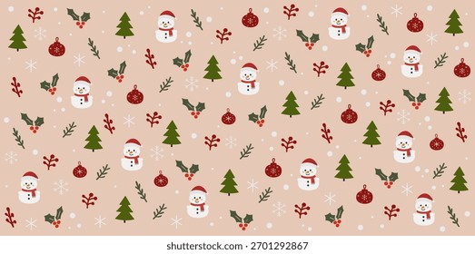 Seamless Christmas pattern with snowmen, trees, holly, snowflakes and ornaments on beige background