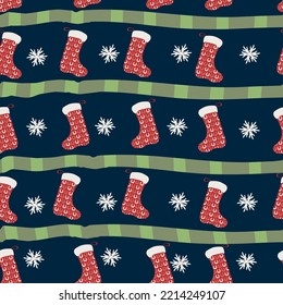 seamless christmas pattern with sock and snoflake. Vector design for paper, fabric and other surface.