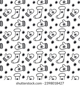 Seamless Christmas pattern with Christmas socks and mittens in Doodle style. Pattern on the swatch panel. Vector.