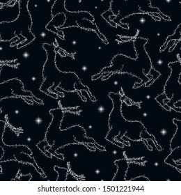 Seamless christmas pattern with sparkling deer silhouette and stars. Cosmic pattern. Cover