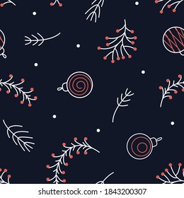 Seamless Christmas pattern from sprigs of pine, rowan and Christmas balls for fabric design. Winter pattern of frozen branches and berries on a dark background. Flat vector illustration.