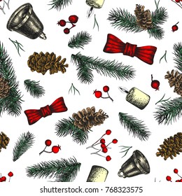 Seamless Christmas pattern with sprigs of spruce, cones, berries and bells, bows and candles. Vector illustration in sketch style.
