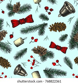 Seamless Christmas pattern with sprigs of spruce, cones, berries and bells, bows and candles. Vector illustration in sketch style.