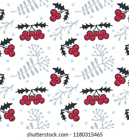 Seamless Christmas Pattern with Spruce Branches, Mistletoe and Berries.