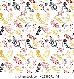 Seamless Christmas pattern with spruce branches. berries and stars. Vector illustration.