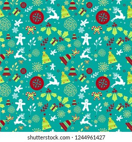 Seamless Christmas pattern with spruce branches. berries and stars. Vector illustration.