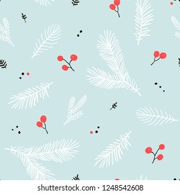 Patrón de Navidad sin inconvenientes con ramas de abeto, bayas y puntos. Ilustración vectorial sobre fondo turquesa.