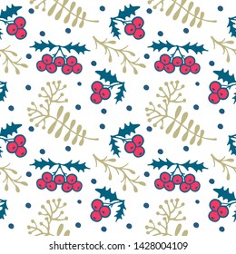 Seamless Christmas Pattern with Spruce Branches, Mistletoe and Berries. Merry Christmas holiday decoration. Forest branches background in vintage style.
