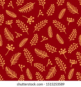 Seamless christmas pattern with spruce branches, berries. Vector new year seamless pattern. Fir spruce and berries seamless pattern for christmas packaging, textiles, fabric wallpaper illustration.  