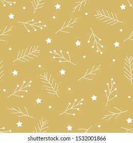 Seamless Christmas pattern with spruce branches, berries and stars