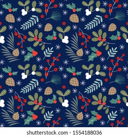 Nahtlose Weihnachtsmuster mit Fichtenzweigen, Mistelen, Heiligen und Beeren. Vektorillustration.