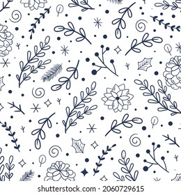 Seamless Christmas pattern with spruce branches, Mistletoe and berries.