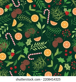 Seamless Christmas Pattern with spruce branches, orange slices, mistletoe and candy cane. Christmas wrapping paper concept. 