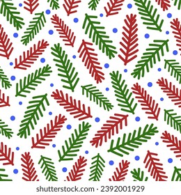 Seamless Christmas pattern with spruce branches, berries and snowflakes. Vector illustration. Perfect for wrapping paper, textiles