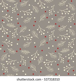 Seamless Christmas pattern with spruce branches. berries and stars. Vector illustration.