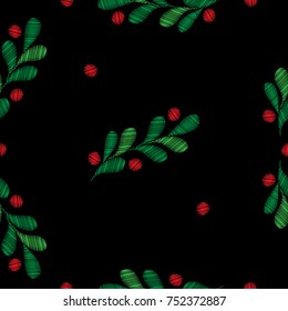 Seamless Christmas pattern with spruce branches and berries embroidery stitches imitation on the black background. Fashion holiday embroidery.