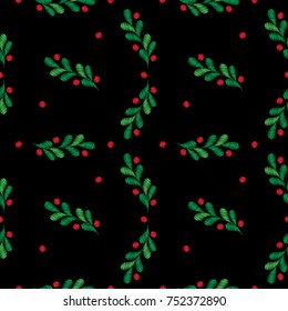 Seamless Christmas pattern with spruce branches and berries embroidery stitches imitation on the black background. Fashion holiday embroidery.