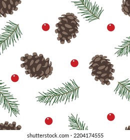 Nahtloses Weihnachtsmuster mit Fichtenkiefer und roter Beere. Zweig. Vektorgrafik