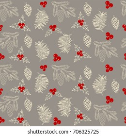Seamless Christmas  pattern with spruce and cones branches, berries. Vector illustration.