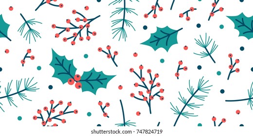 seamless christmas pattern with spruce holly leaves berry leaf background